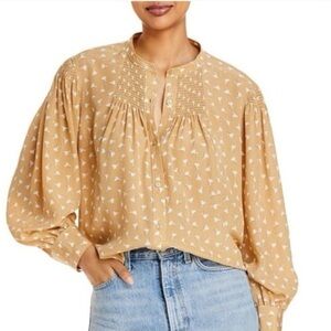 Rebecca Taylor Emmy Silk Neutral Floral Top Smocked Cottagecore Goldenrod